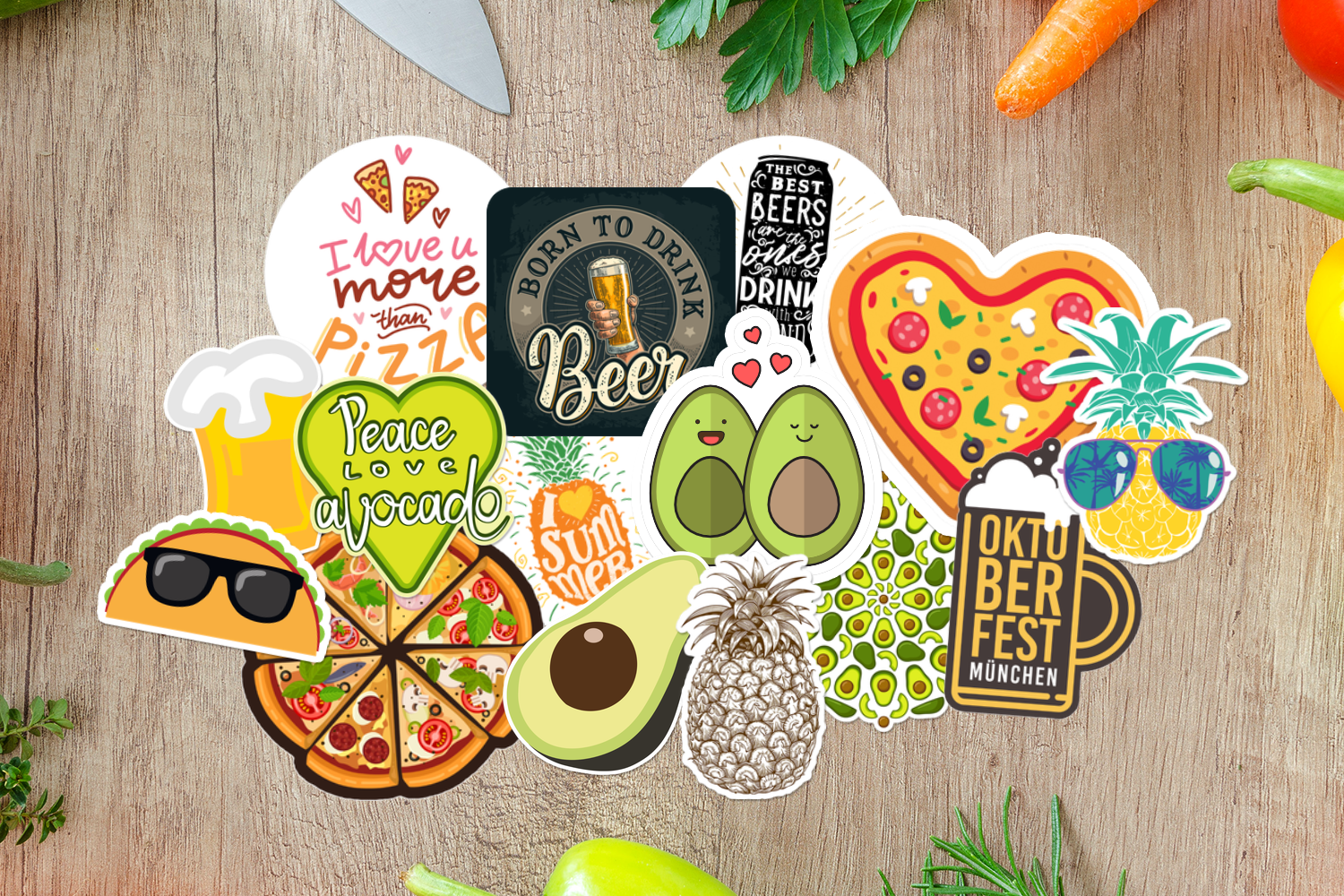 Food and Beverage Stickers on table.