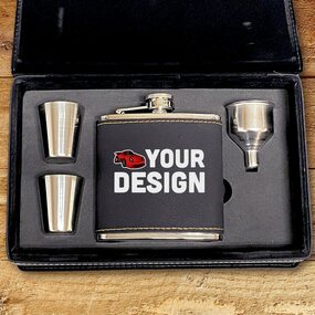 Top Down View of Custom Leatherette Flask Gift Set