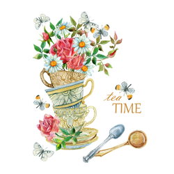 Watercolor Tea Cups Floral "Tea Time" Sticker