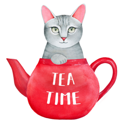 "Tea Time" Illustration Of Tea Pot And Kitten Sticker