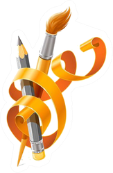 Art Tools Pencil And Brush Braided By Orange Ribbon Sticker