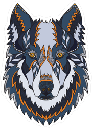 Blue and Orange Zentangle Wolf Head Sticker
