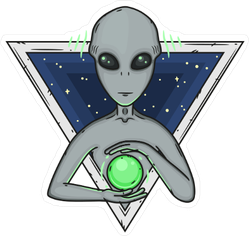 Cartoon Grey Alien Holding Green Orb Sticker
