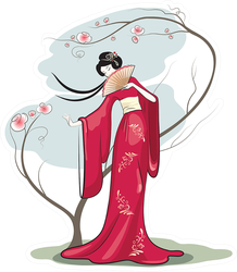 Chinese Woman With Hand Fan Sticker