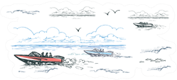 Color Drawing Of Motor Boats Clouds And Gulls Sticker