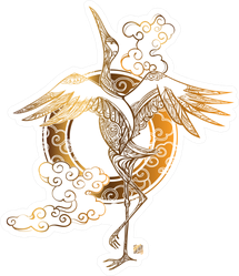 Crane Tattoo And Stylized Chinese Waves Gold Sticker