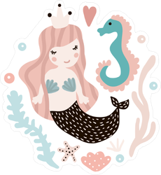 Cute Illustration With Mermaid And Seahorse Sticker
