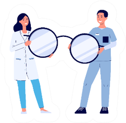 Eye Doctor And Nurse Holding A Giant Pair Of Glasses Sticker
