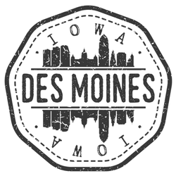 Des Moines, Iowa Skyline Postmark. Silhouette Sticker