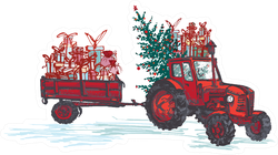 Festive New Year Red Tractor With Fir Tree Illustration Sticker