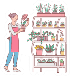 Florist Woman Cartoon Arranging Plants In Flower Shop Sticker