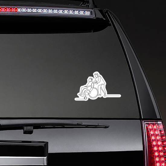 Continuous Drawing Of A Young Man Pushing Wheelchair Sticker