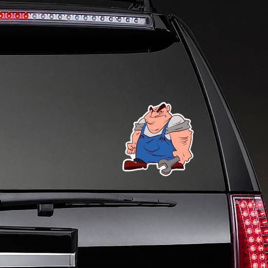 Colorful Illustration Of A Cartoon Grumpy Mechanic Sticker example