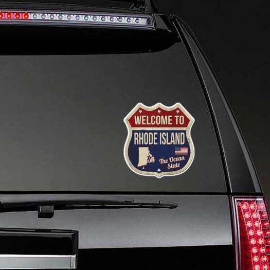 Welcome To Rhode Island Vintage Rusty Metal Sign Sticker on a Rear Car Window example