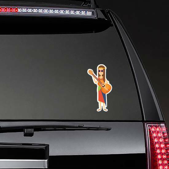 Woman Playing Guitar Character Hippie Lifestyle Sticker on a Rear Car Window example
