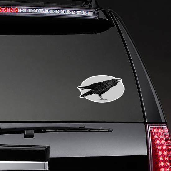 Illustration Of The Black Raven Crow Bird In Oval Sticker example