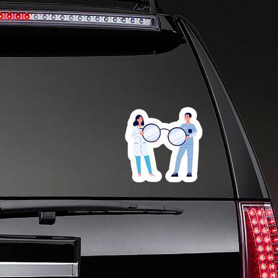 Eye Doctor And Nurse Holding A Giant Pair Of Glasses Sticker example 