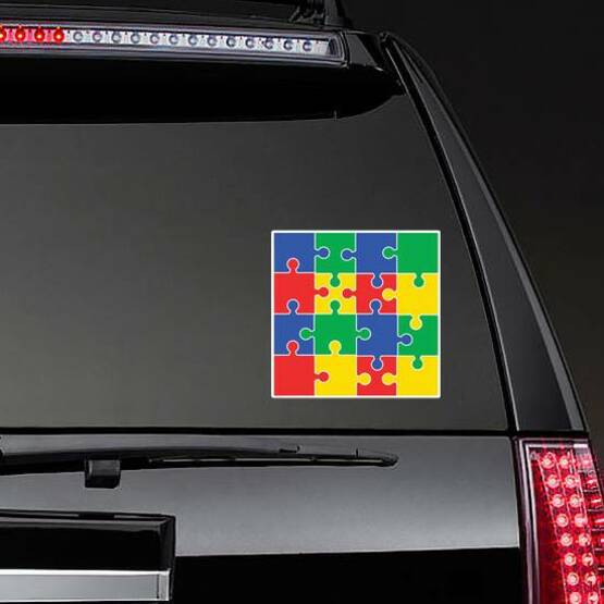 Autism Awareness Colorful Puzzle Sticker on a Rear Car Window example 