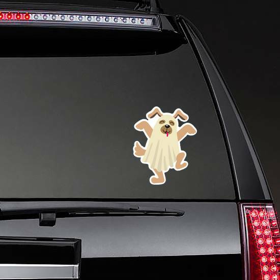 Funny Dog Dressed Up In Bedsheet Like A Ghost Sticker on a Rear Car Window example