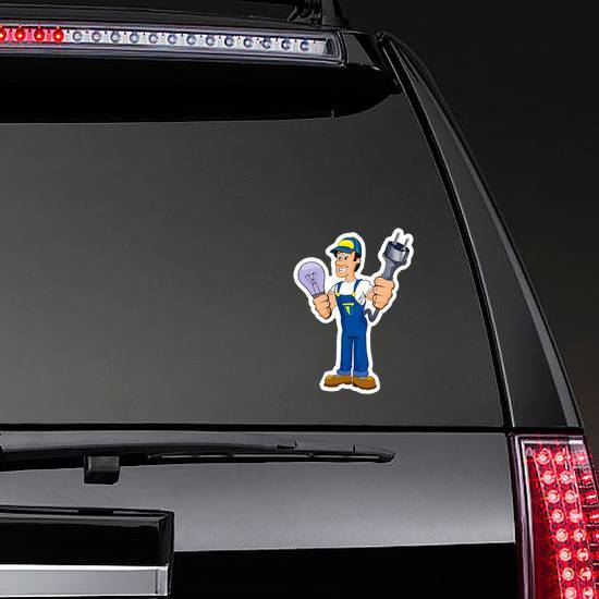 Electrician Cartoon Holding Bulb And Cord Sticker example