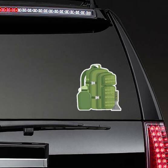 Green Military Bag With Canteen And Lantern Sticker on a Rear Car Window example