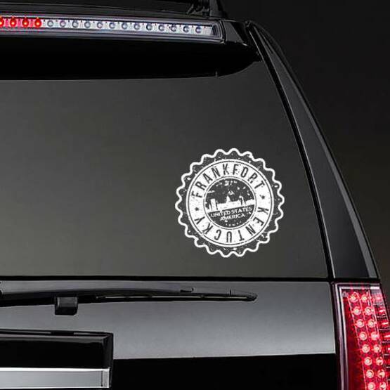 Frankfort Kentucky City Skyline Stamp Sticker on a Rear Car Window example