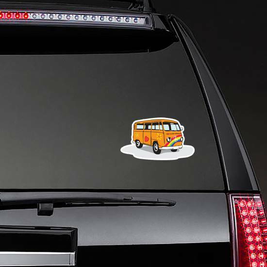 Vintage Hippie Van With Rainbow and Heart Sticker on a Rear Car Window example
