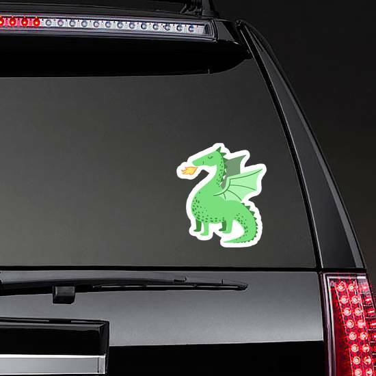 Cute Green Dragon Breathing Fire Sticker on a Rear Car Window example