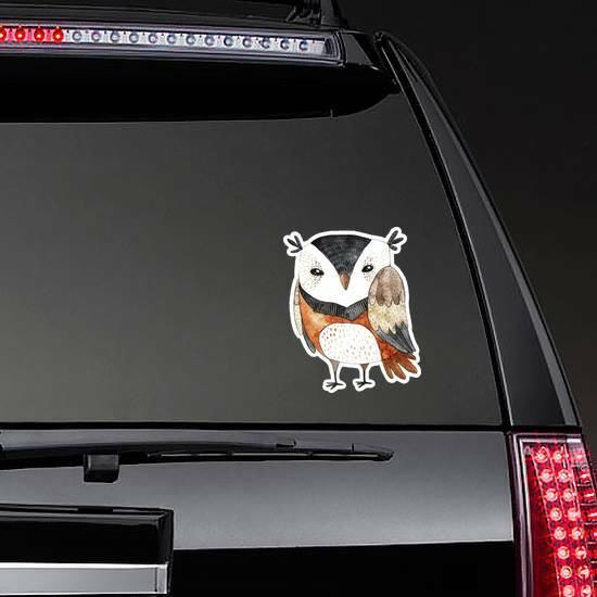 White, Black and Brown Watercolor Owl on a Rear Car Window example