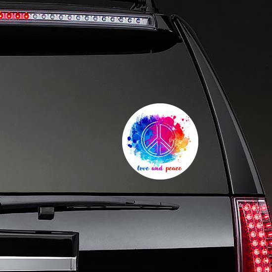 Hippie Love and Peace Colorful Watercolor Sticker on a Rear Car Window example 