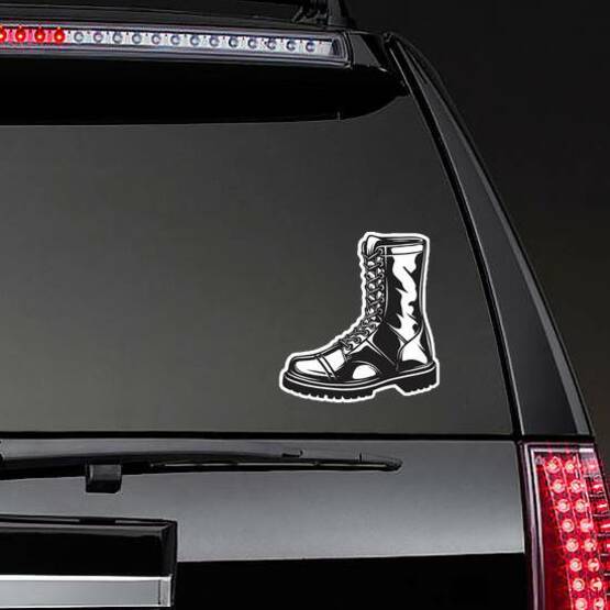 Monochrome Illustration Of Military Boot Sticker on a Rear Car Window example