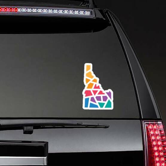 Colorful Geometric Idaho Map Sticker on a Rear Car Window example