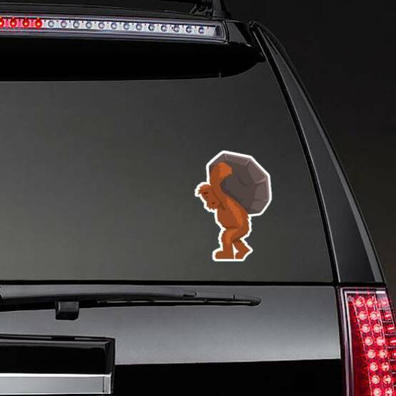 Bigfoot Carrying a Boulder Sticker on a Rear Car Window example 