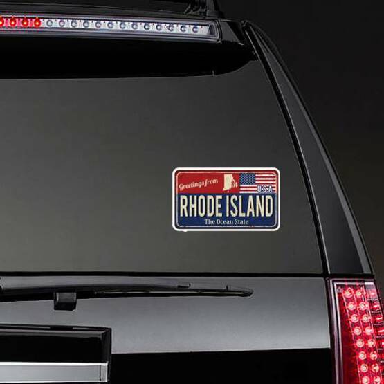 Greetings From Rhode Island The Ocean State Vintage Sign Sticker on a Rear Car Window example