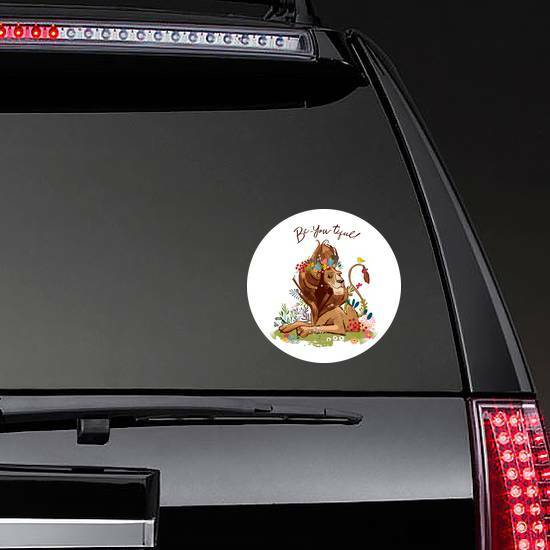 Be-You-Tiful Lion Sticker on a Rear Car Window example