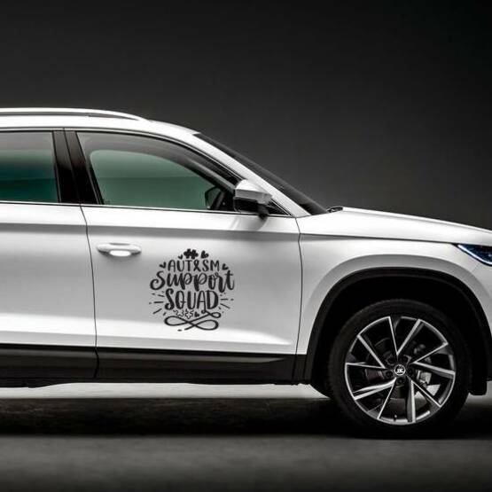 Autism Support Squad Lettering Sticker on a Car Side example