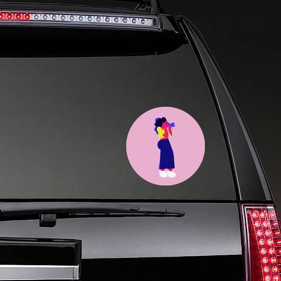Illustration Of A Girl Photographer On Pink Sticker example