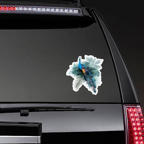 Illustration With Realistic Peacock Bird On Palm Jungle Sticker example