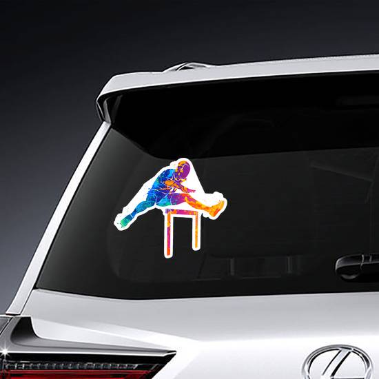 Abstract Man Jumping Over Hurdles From Splash Of Watercolors Sticker example