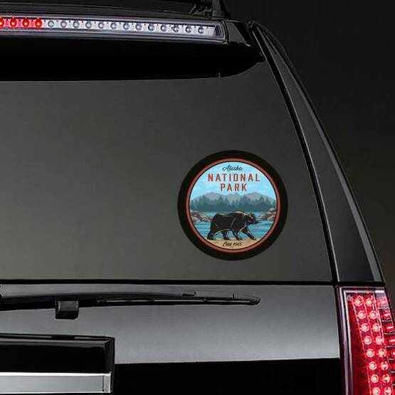Alaska National Park Round Colorful Label With Bear Sticker on a Rear Car Window example