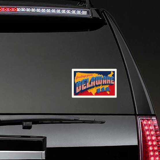 Greetings From Delaware Usa Retro Sticker on a Rear Car Window example