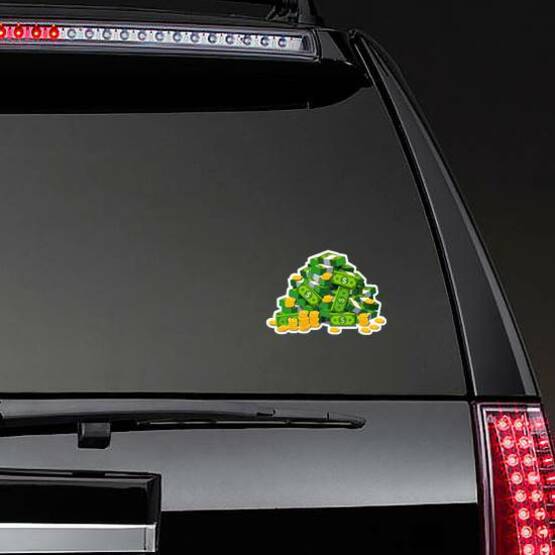 Big Pile of Money Sticker on a Rear Car Window example