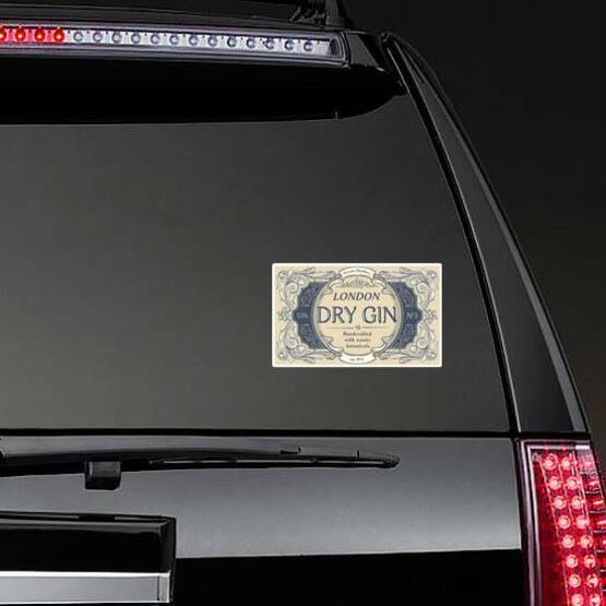 London Dry Gin - Ornate Vintage UK Sticker on a Rear Car Window example