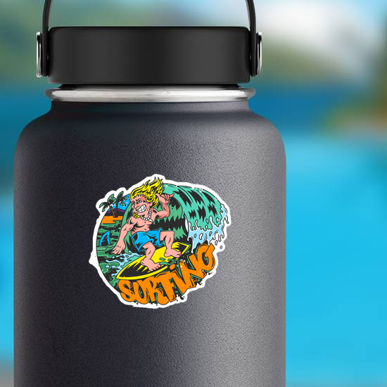 Comic Book Style Surfing Sticker