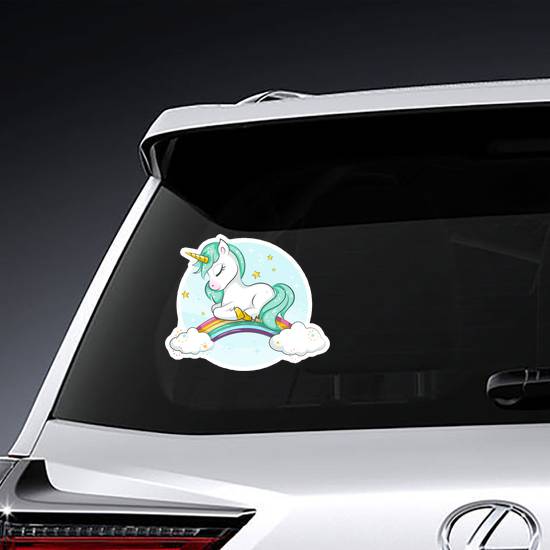 Cute Blue Magical Unicorn On Rainbow Sticker example