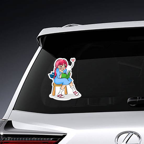 Cute Girl Reading A Book Cartoon Sticker