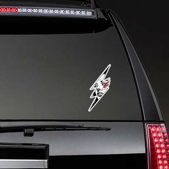 Comic Woman Crying In A Lightning Bolt Tattoo Sticker on a Rear Car Window example
