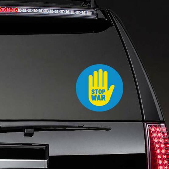 Stop War Sign On Hand In Ukraine Colors Sticker on a Rear Car Window example 