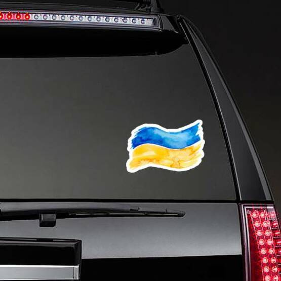 The Ukrainian Flag Painted With Watercolor Sticker on a Rear Car Window example 