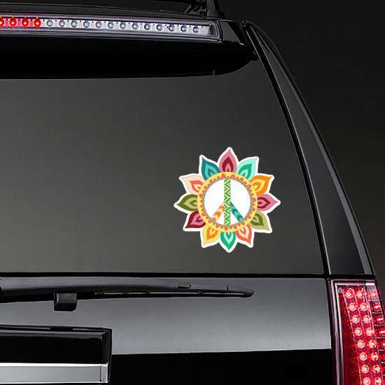 Hippie Vintage Peace Symbol Sticker on a Rear Car Window example 